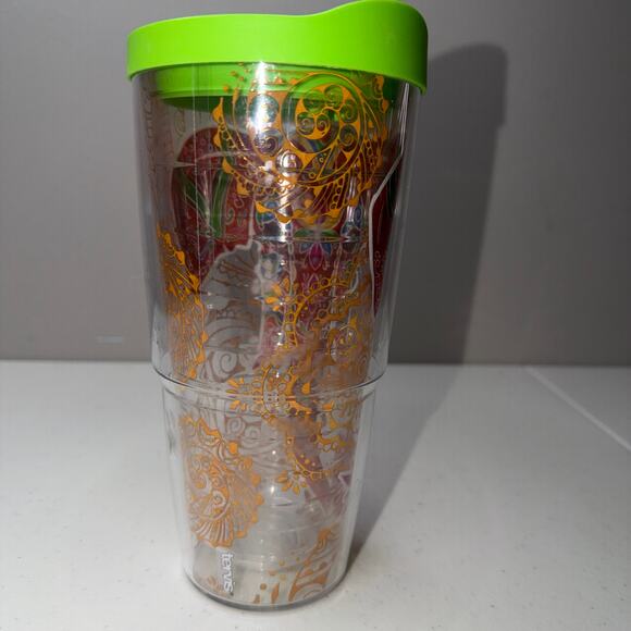 Tervis Mehndi Elephants 24oz Clear Tumbler Wrap Lime Green Lid Mammoth Design - Picture 2 of 5